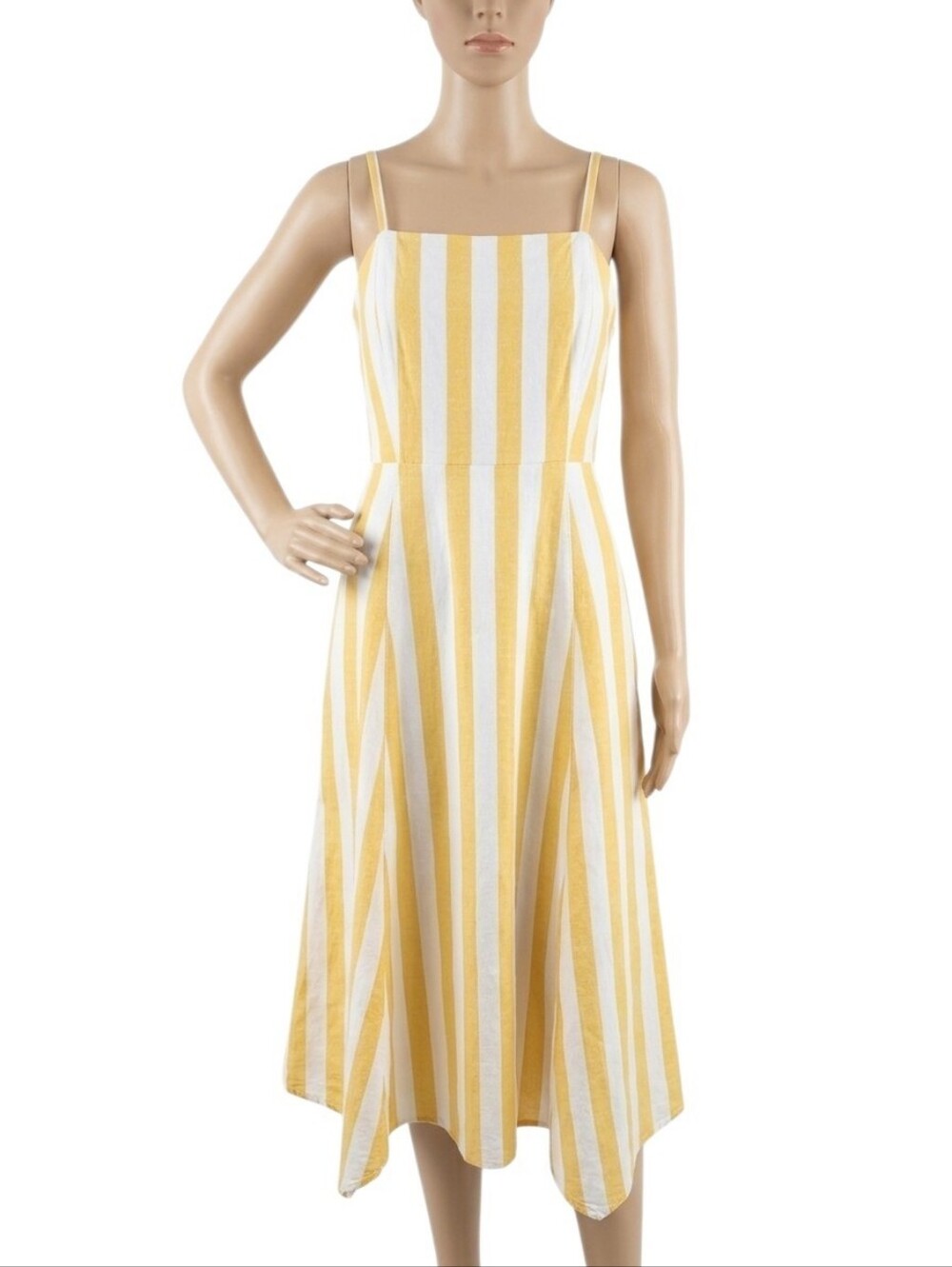 Gap Midi Dress Size 00 Linen Blend Yellow Stripe Sundress Beach Sleeveless